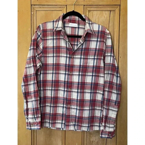 John Elliott Mens Plaid Linen Cotton Shirt Size 2 Medium Red White Blue NEW